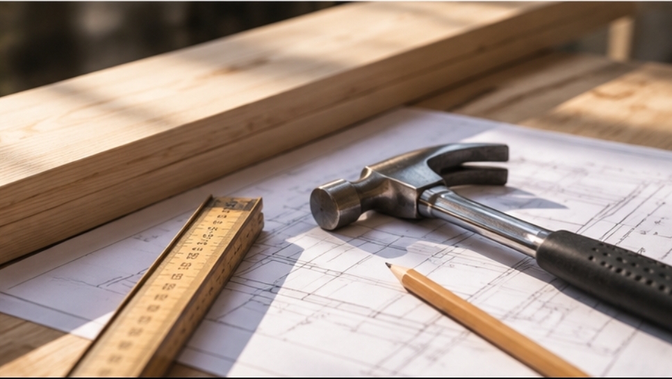 Hammer, tommestokk og arbeidstegning på et snekkerverksted